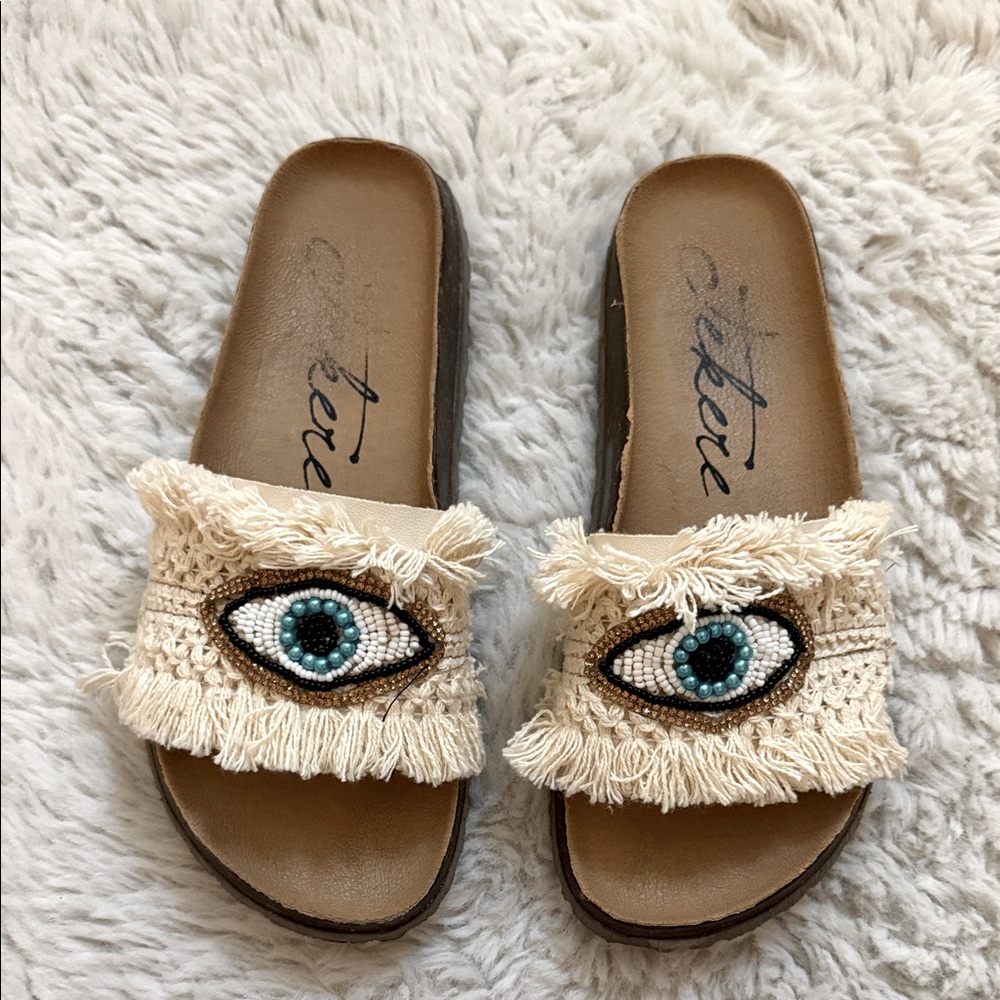 Fringe Crochet Eye Embellished Slide Sandals - Cream